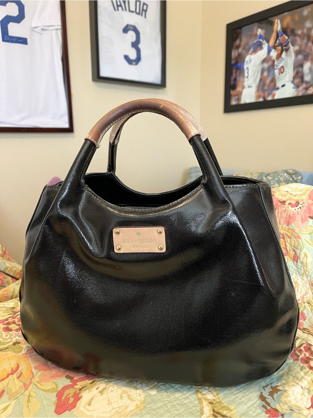 Kate Spade Black Patent Leather Satchel with Tan Handles